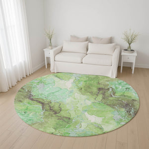 HomeRoots 8' Abstract Green and Charcoal Washable Round Rug with UV Protection - Stylish, Durable, and Versatile! 701308