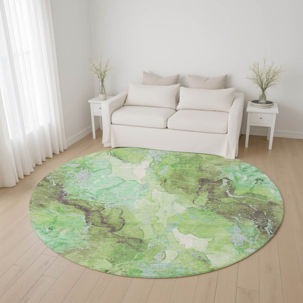HomeRoots 8' Abstract Green and Charcoal Washable Round Rug with UV Protection - Stylish, Durable, and Versatile! 701308