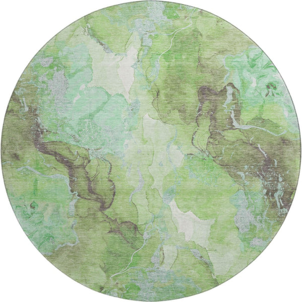 HomeRoots 8' Abstract Green and Charcoal Washable Round Rug with UV Protection - Stylish, Durable, and Versatile! 701308
