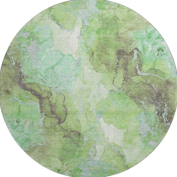 HomeRoots 8' Abstract Green and Charcoal Washable Round Rug with UV Protection - Stylish, Durable, and Versatile! 701308
