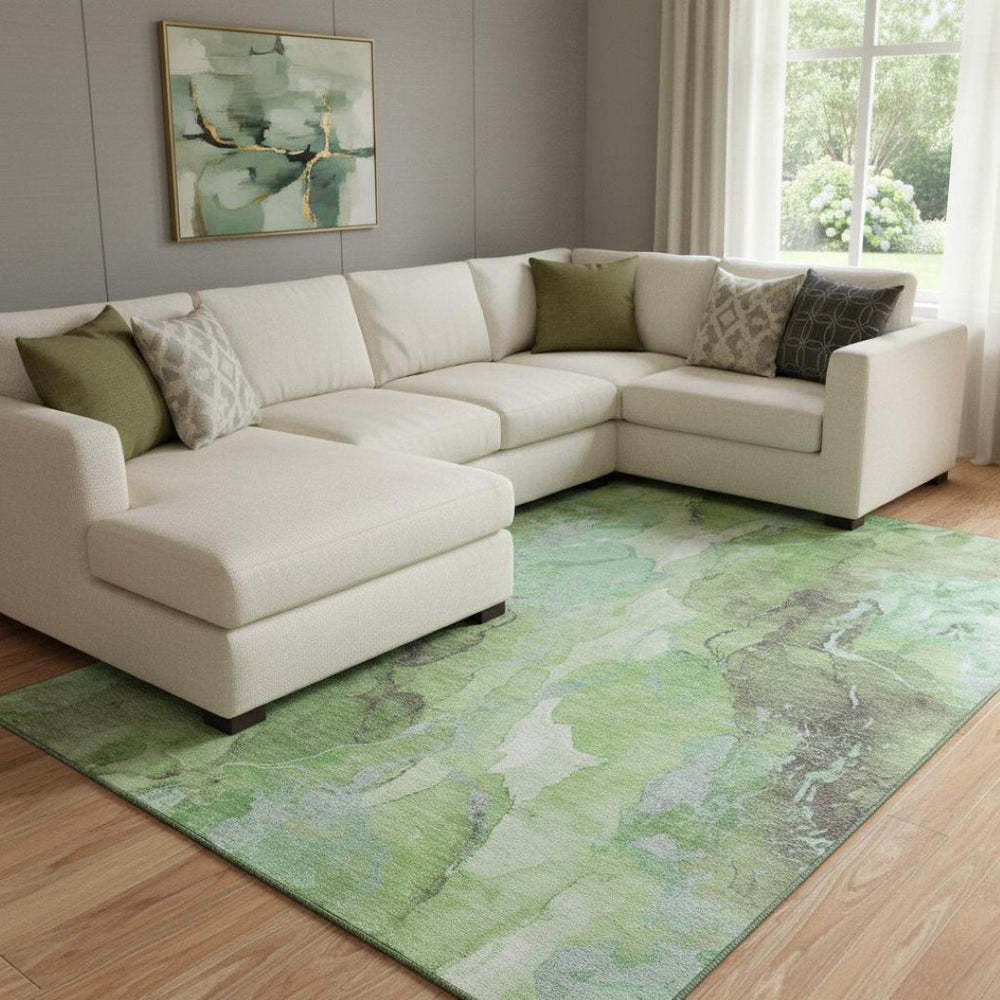 HomeRoots 8' X 10' Green & Charcoal Abstract Washable Area Rug - Durable, UV Protected, Modern Design for Any Room 701309