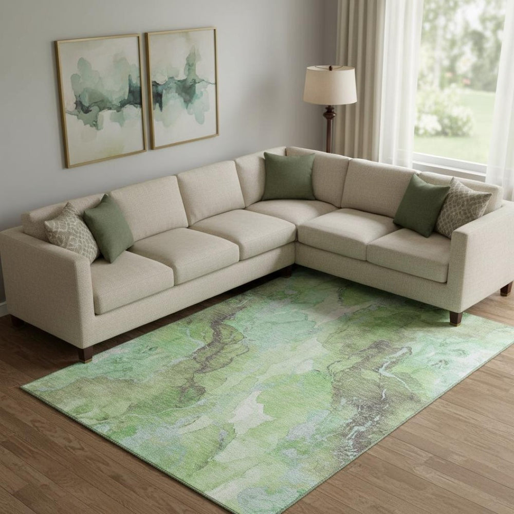 HomeRoots 9' X 12' Green And Charcoal Abstract Washable Area Rug - Durable, UV-Protected, and Stylish Accent Piece 701310