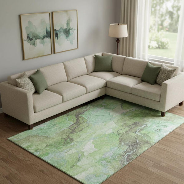 HomeRoots 9' X 12' Green And Charcoal Abstract Washable Area Rug - Durable, UV-Protected, and Stylish Accent Piece 701310