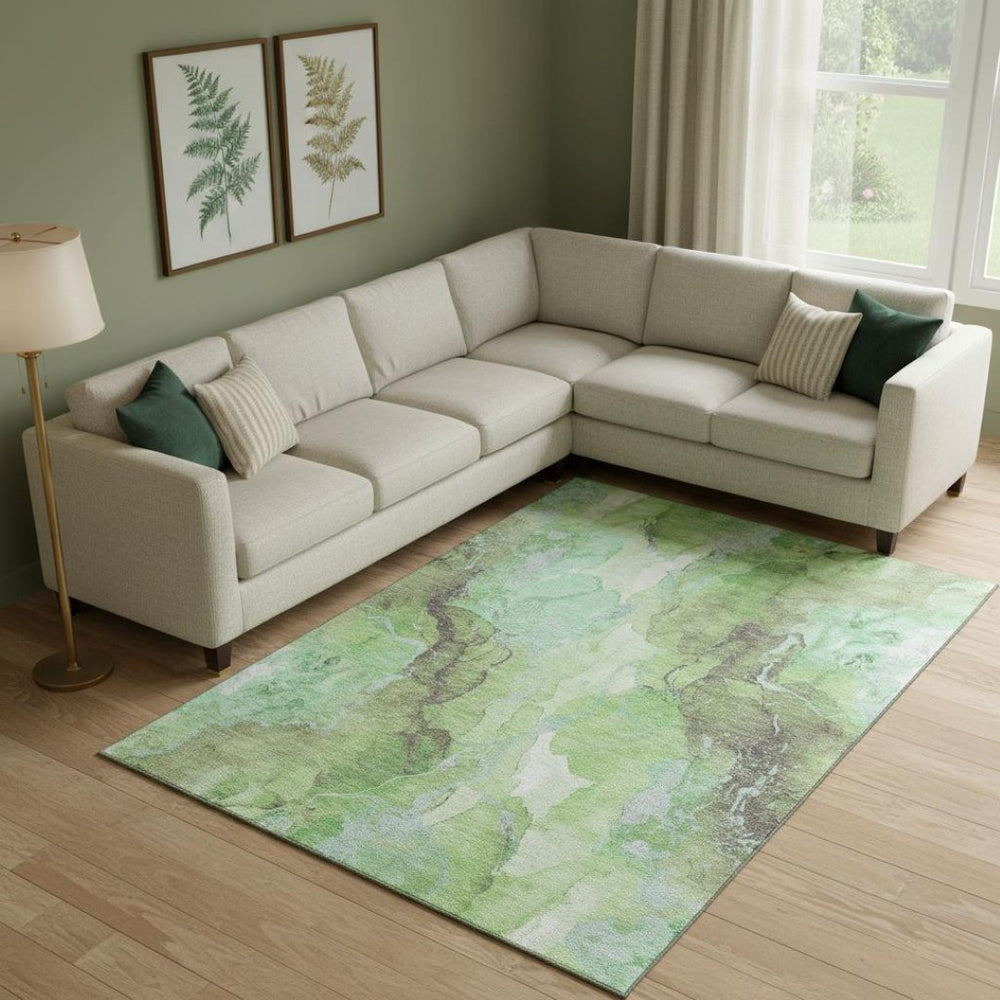 HomeRoots 10' Green & Charcoal Abstract Washable Area Rug - UV Protected, Stain Resistant, Perfect for Living Spaces 701311