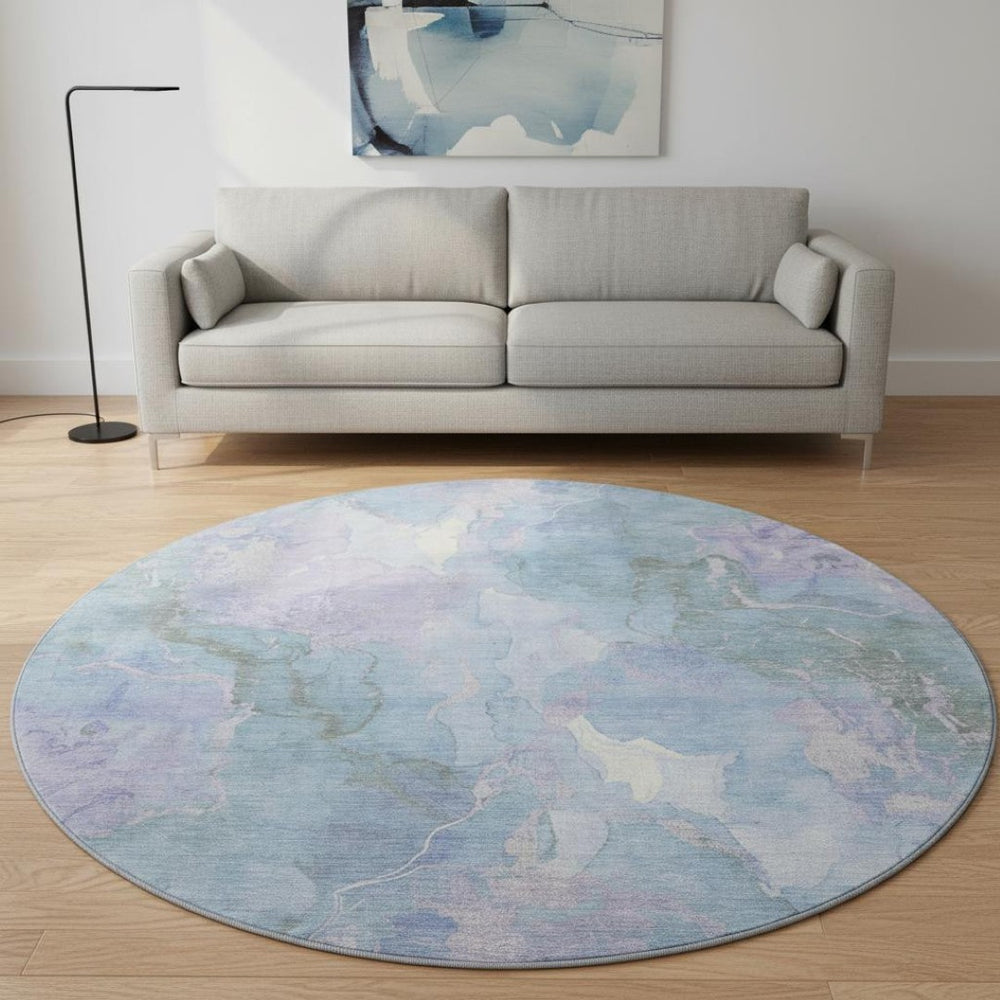HomeRoots 8' Contemporary Lavender and Blue Abstract Round Rug - Washable, UV Protected, Durable Design for Homes 701314