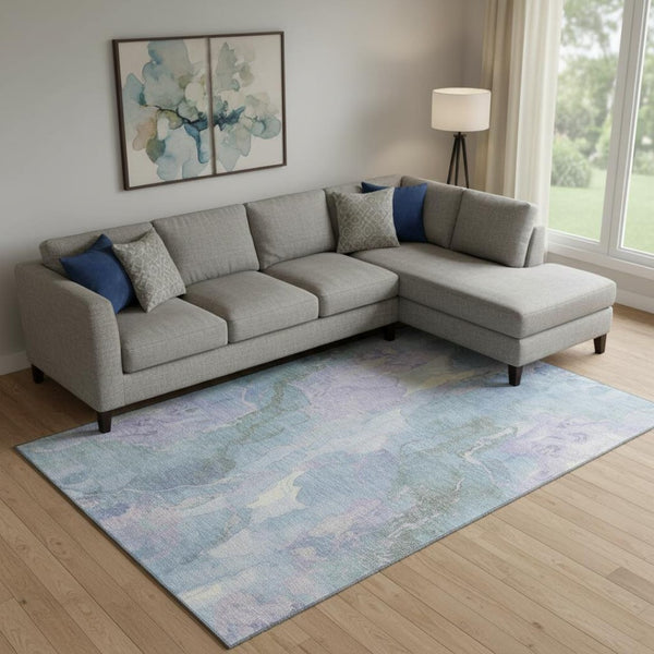 HomeRoots 10' X 14' Modern Lavender and Blue Abstract Area Rug – Washable, UV Protected, Stain Resistant Design 701317