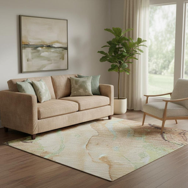 HomeRoots 5' X 8' Stylish Coffee Mint Green Beige Abstract Area Rug - Washable, UV Protected & Pet-Friendly! 701319