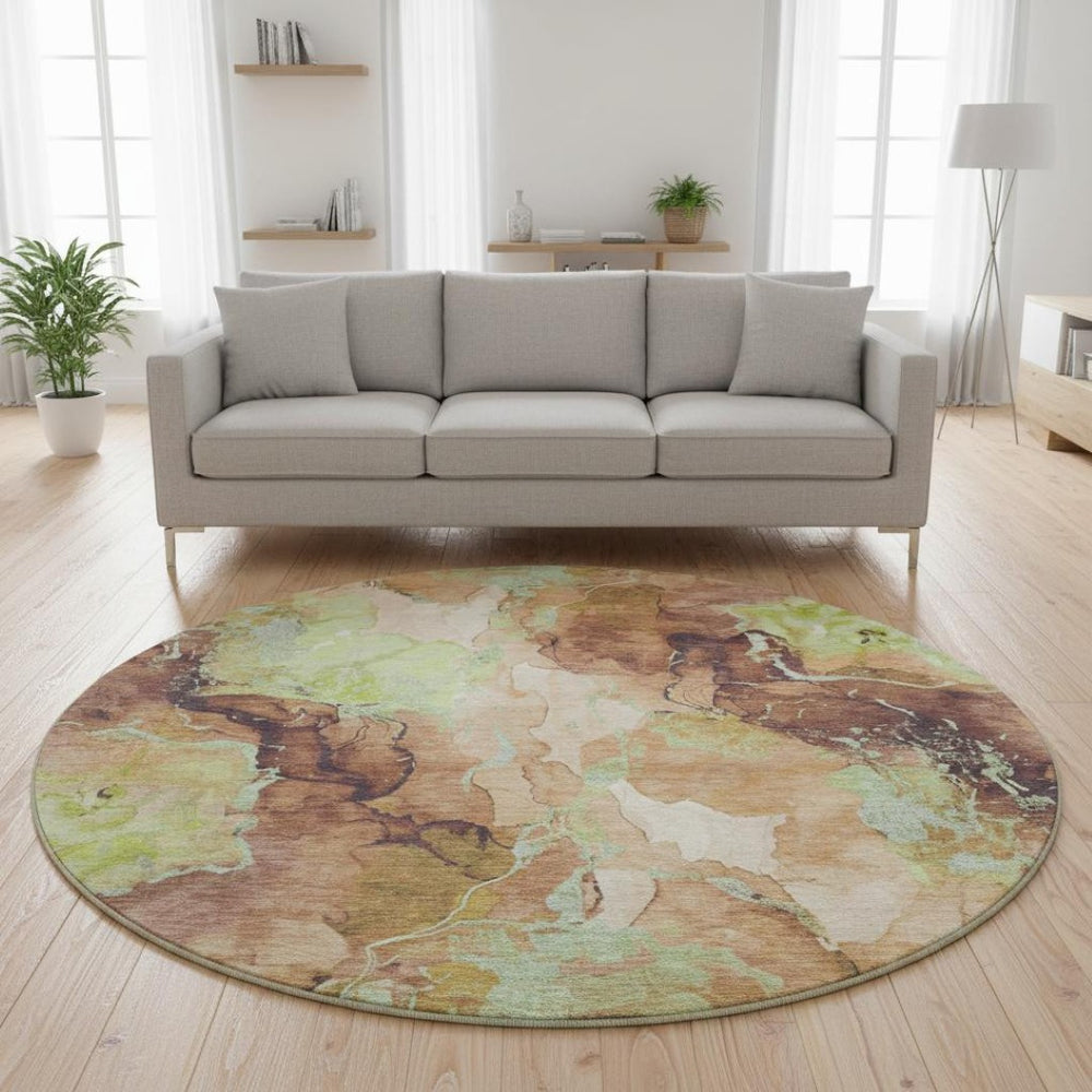 HomeRoots 8' Contemporary Round Rug in Coffee, Mint Green & Beige - Stain-Resistant, UV Protected, Durable 701320