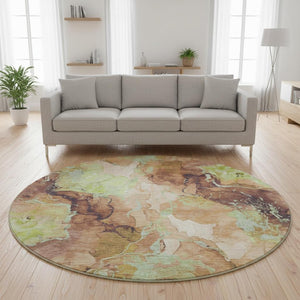 HomeRoots 8' Contemporary Round Rug in Coffee, Mint Green & Beige - Stain-Resistant, UV Protected, Durable 701320