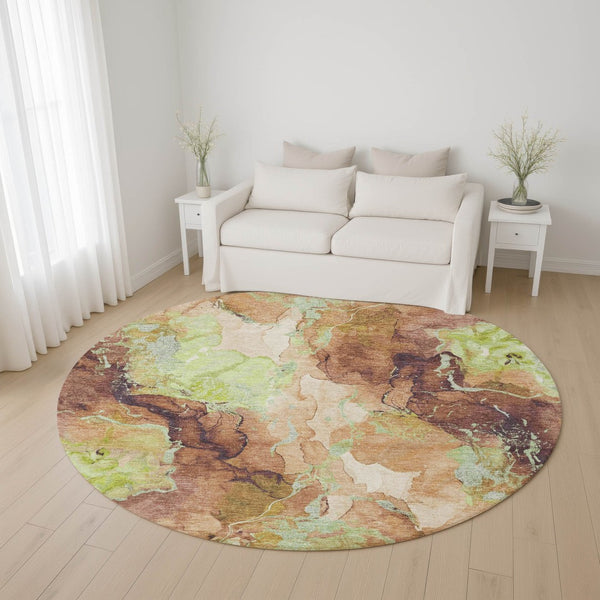 HomeRoots 8' Contemporary Round Rug in Coffee, Mint Green & Beige - Stain-Resistant, UV Protected, Durable 701320