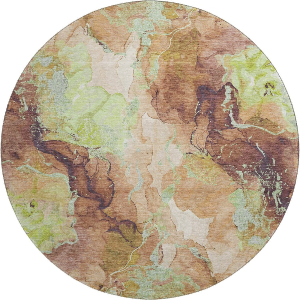 HomeRoots 8' Contemporary Round Rug in Coffee, Mint Green & Beige - Stain-Resistant, UV Protected, Durable 701320