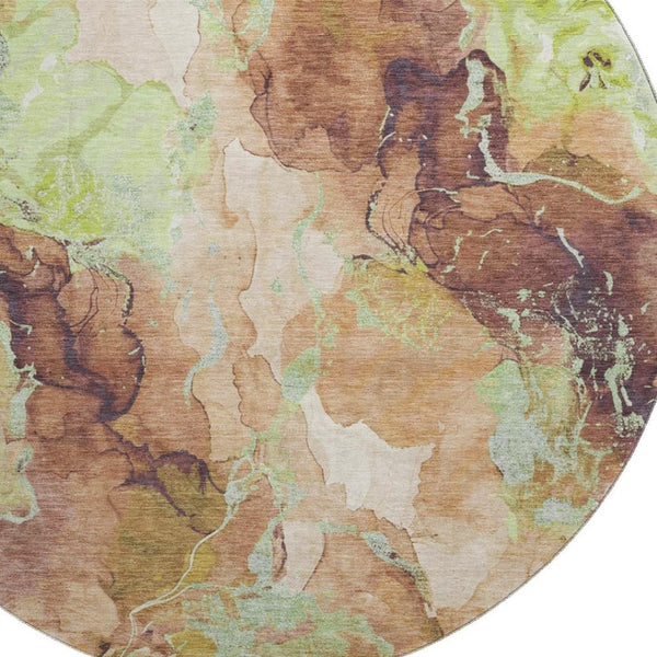 HomeRoots 8' Contemporary Round Rug in Coffee, Mint Green & Beige - Stain-Resistant, UV Protected, Durable 701320