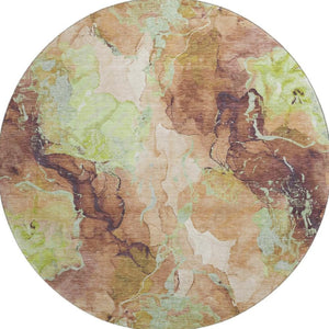 HomeRoots 8' Contemporary Round Rug in Coffee, Mint Green & Beige - Stain-Resistant, UV Protected, Durable 701320