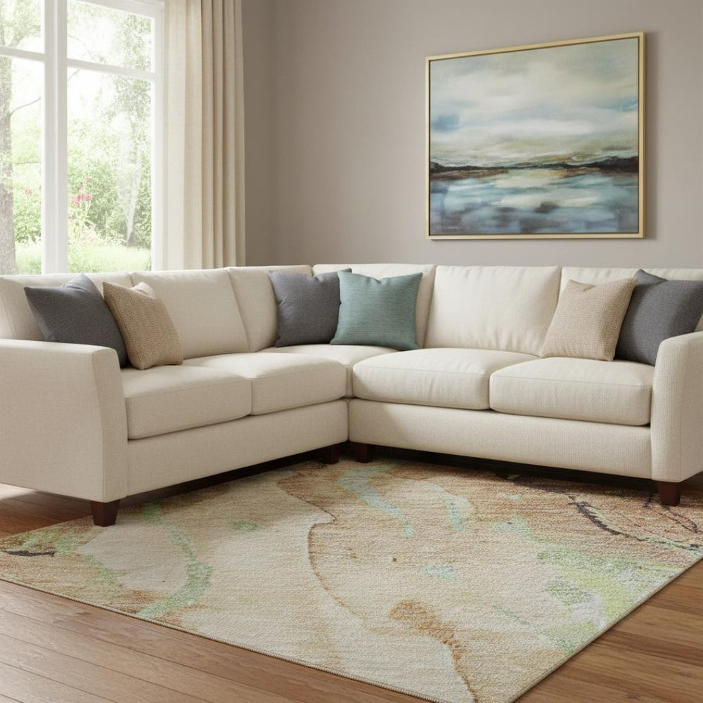 HomeRoots 8' X 10' Contemporary Mint Green & Beige Abstract Area Rug - Washable, UV Protected & Stain Resistant 701321