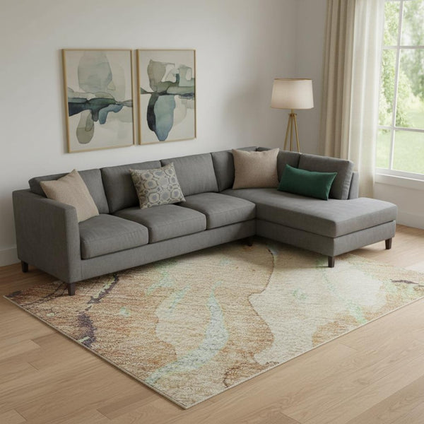 HomeRoots 9' X 12' Washable Coffee Mint Green & Beige Abstract Area Rug with UV Protection for Any Room 701322
