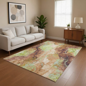 HomeRoots 9' X 12' Washable Coffee Mint Green & Beige Abstract Area Rug with UV Protection for Any Room 701322