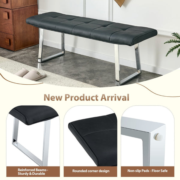 English Elm Dining Bench Faux Leather Upholstered Seat with Arched Metal Legs for Modern Interiors W3493P449289