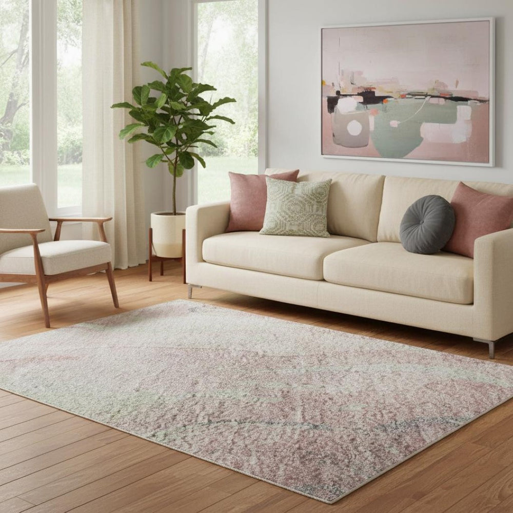 HomeRoots 5' X 8' Pink And Beige Abstract Washable Area Rug - Modern, Stain-Resistant with UV Protection! 701325