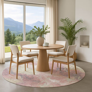 HomeRoots 8' Pink and Beige Abstract Washable Round Rug - UV Protected, Stain-Resistant, Modern Design! 701326