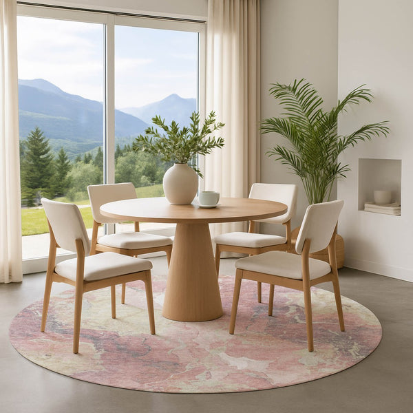 HomeRoots 8' Pink and Beige Abstract Washable Round Rug - UV Protected, Stain-Resistant, Modern Design! 701326