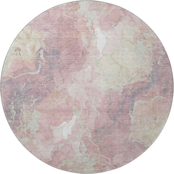 HomeRoots 8' Pink and Beige Abstract Washable Round Rug - UV Protected, Stain-Resistant, Modern Design! 701326