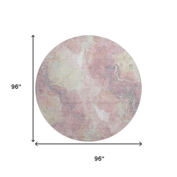 HomeRoots 8' Pink and Beige Abstract Washable Round Rug - UV Protected, Stain-Resistant, Modern Design! 701326