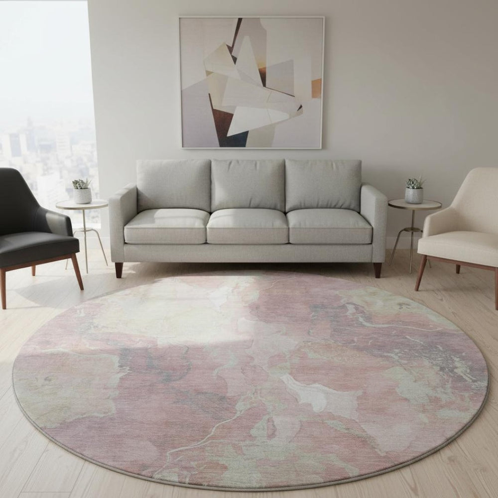 HomeRoots 8' Pink and Beige Abstract Washable Round Rug - UV Protected, Stain-Resistant, Modern Design! 701326