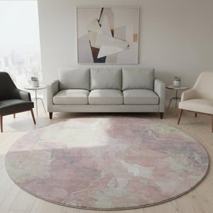 HomeRoots 8' Pink and Beige Abstract Washable Round Rug - UV Protected, Stain-Resistant, Modern Design! 701326