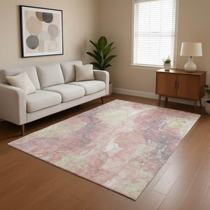 HomeRoots 9' X 12' Stylish Pink and Beige Abstract Washable Area Rug with Stain Resistance and UV Protection 701328