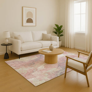 HomeRoots 9' X 12' Stylish Pink and Beige Abstract Washable Area Rug with Stain Resistance and UV Protection 701328