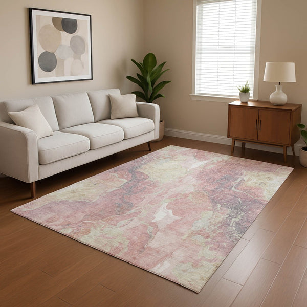 HomeRoots 10' X 14' Pink and Beige Abstract Washable Area Rug with UV Protection for Families and Pets 701329