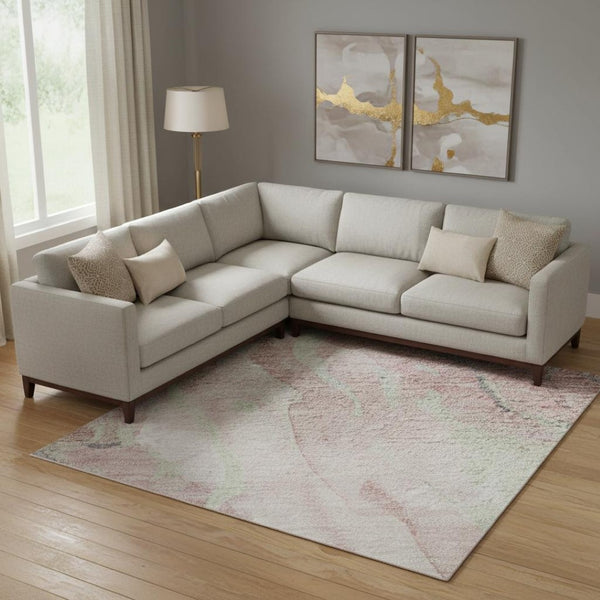 HomeRoots 10' X 14' Pink and Beige Abstract Washable Area Rug with UV Protection for Families and Pets 701329