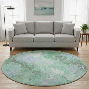 HomeRoots 8' Pale Aqua Green & Ivory Abstract Round Rug - Washable, UV Protected, Stain-Resistant Design! 701332