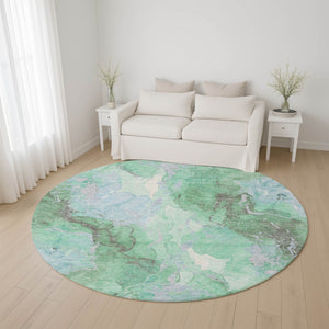 HomeRoots 8' Pale Aqua Green & Ivory Abstract Round Rug - Washable, UV Protected, Stain-Resistant Design! 701332