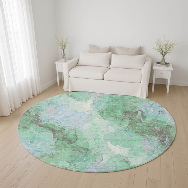 HomeRoots 8' Pale Aqua Green & Ivory Abstract Round Rug - Washable, UV Protected, Stain-Resistant Design! 701332