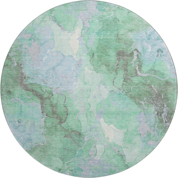 HomeRoots 8' Pale Aqua Green & Ivory Abstract Round Rug - Washable, UV Protected, Stain-Resistant Design! 701332