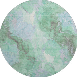 HomeRoots 8' Pale Aqua Green & Ivory Abstract Round Rug - Washable, UV Protected, Stain-Resistant Design! 701332