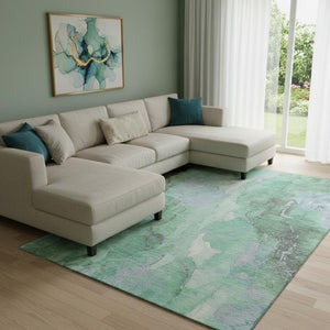 HomeRoots 8' X 10' Modern Pale Aqua Green and Ivory Abstract Area Rug – Washable, UV Protected, Durable Design 701333