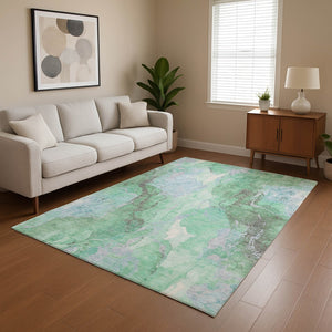 HomeRoots 8' X 10' Modern Pale Aqua Green and Ivory Abstract Area Rug – Washable, UV Protected, Durable Design 701333