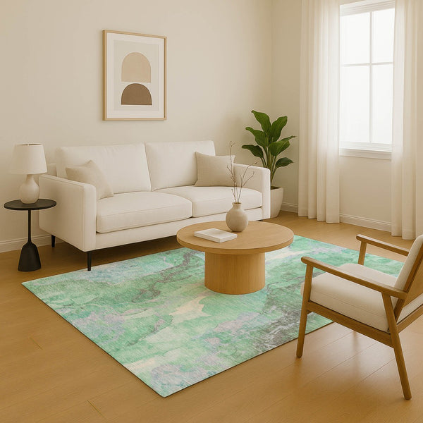 HomeRoots 8' X 10' Modern Pale Aqua Green and Ivory Abstract Area Rug – Washable, UV Protected, Durable Design 701333