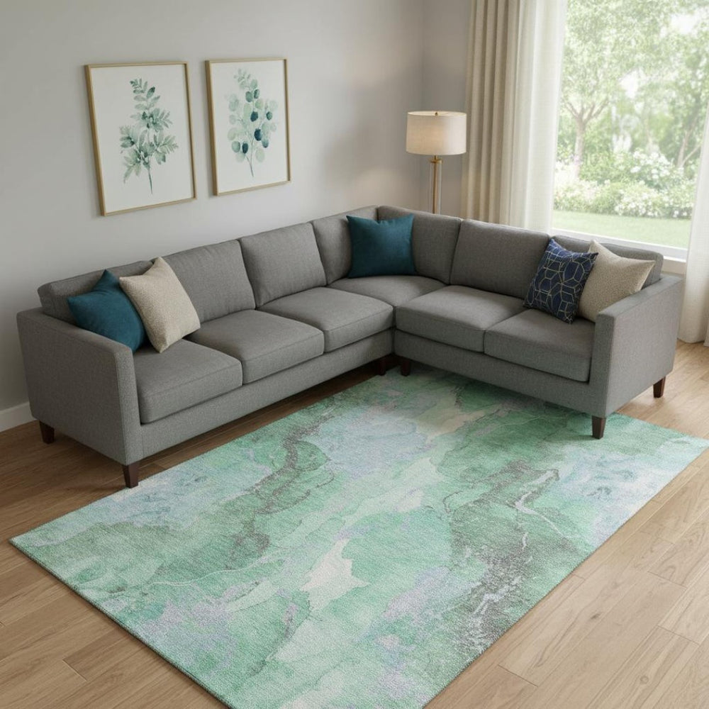 HomeRoots 9' X 12' Washable Pale Aqua Green & Ivory Abstract Area Rug with UV Protection for Modern Spaces 701334