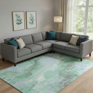 HomeRoots 10' X 14' Pale Aqua Green Ivory Abstract Washable Area Rug - UV Protected, Stylish & Durable Design 701335