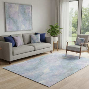 HomeRoots 5' X 8' Sky Blue Lavender Ivory Abstract Washable Area Rug – Stylish, Stain-Resistant, UV-Protected! 701337