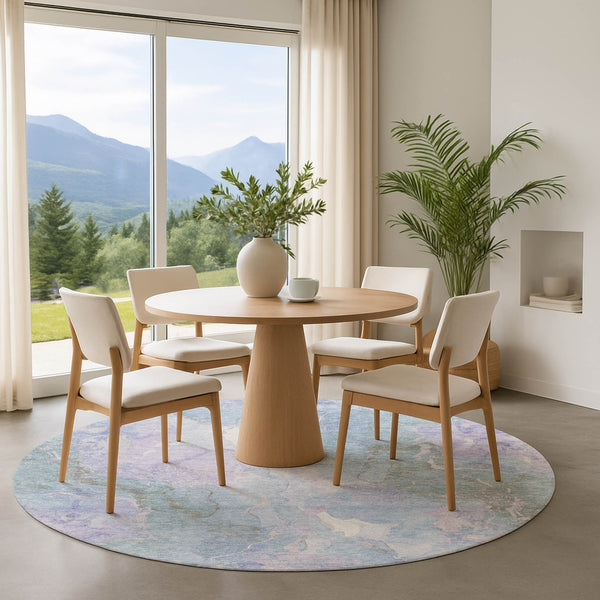 HomeRoots 8' Sky Blue Lavender Abstract Washable Round Rug - UV Protected, Stain Resistant, Ideal for Busy Homes 701338