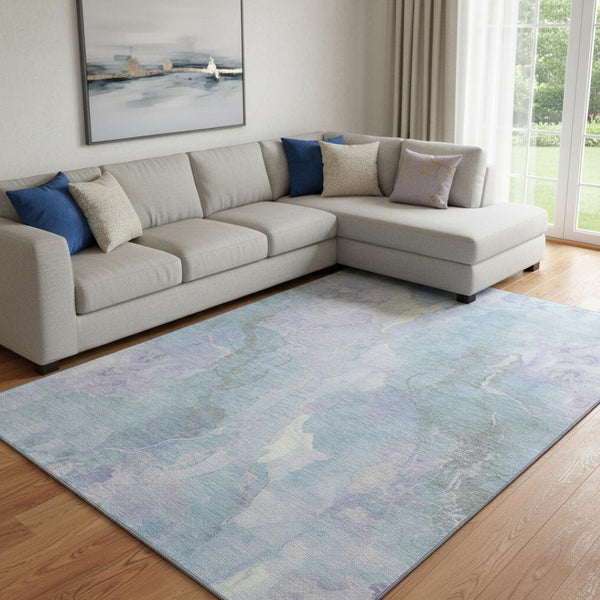 HomeRoots 8' X 10' Stylish Sky Blue, Lavender & Ivory Abstract Washable Area Rug with UV Protection & Durability 701339