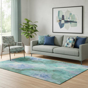 HomeRoots 5' x 8' Washable Teal Lavender Ivory Abstract Area Rug with UV Protection for Modern Homes 701343