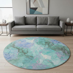 HomeRoots 8' Teal Lavender Ivory Abstract Washable Round Rug - Durable, Stylish, UV-Protected for Any Space 701344