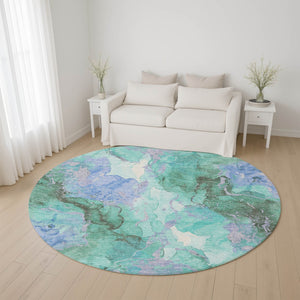 HomeRoots 8' Teal Lavender Ivory Abstract Washable Round Rug - Durable, Stylish, UV-Protected for Any Space 701344