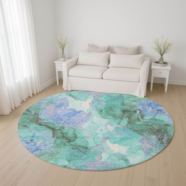 HomeRoots 8' Teal Lavender Ivory Abstract Washable Round Rug - Durable, Stylish, UV-Protected for Any Space 701344