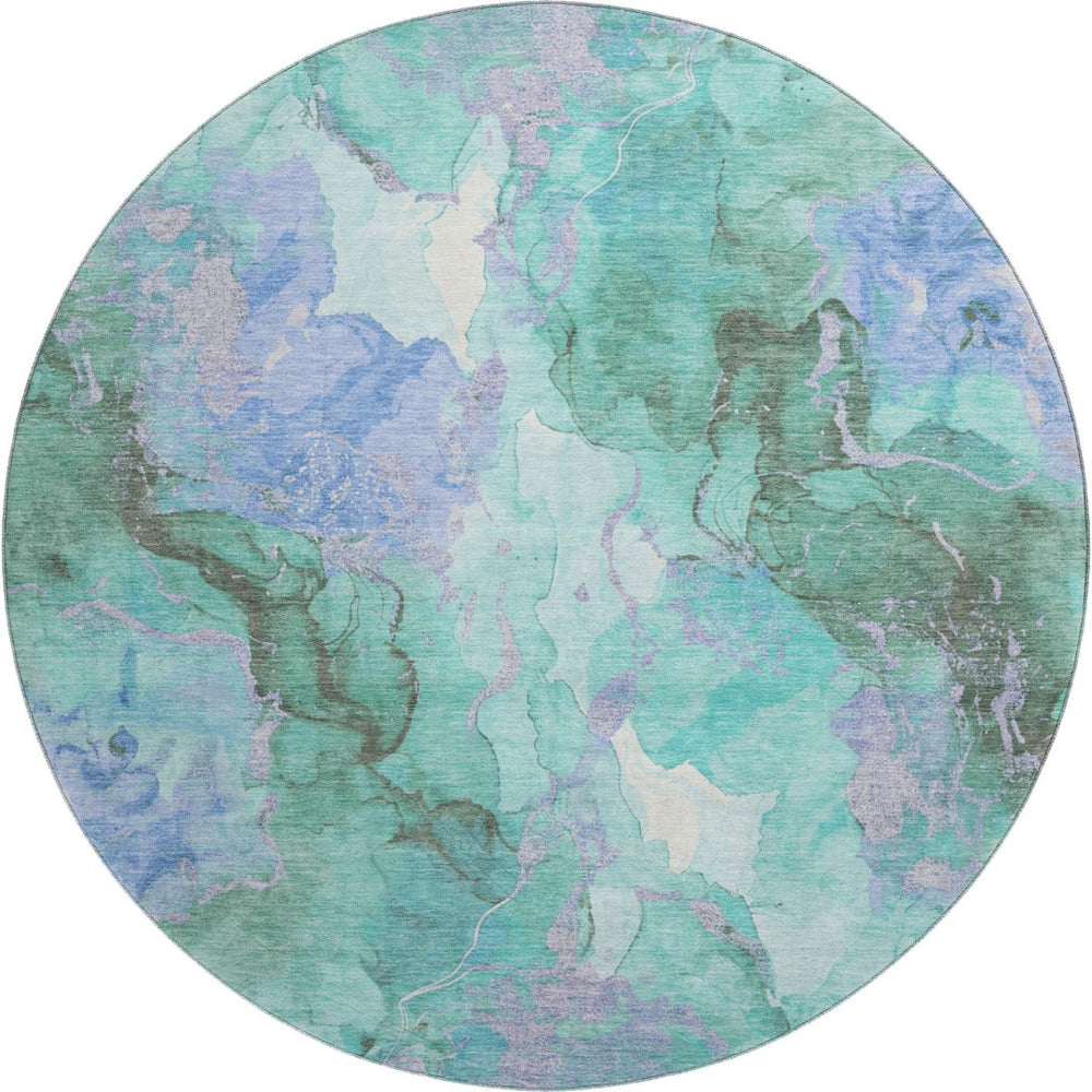 HomeRoots 8' Teal Lavender Ivory Abstract Washable Round Rug - Durable, Stylish, UV-Protected for Any Space 701344